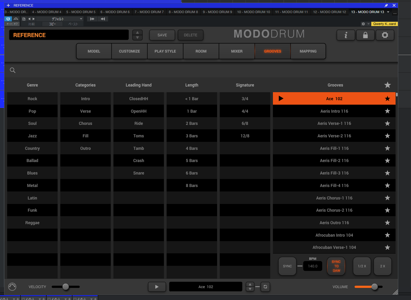MODO DRUM 1.5のGROOVES画面でサウンドデモ用パターンを選択